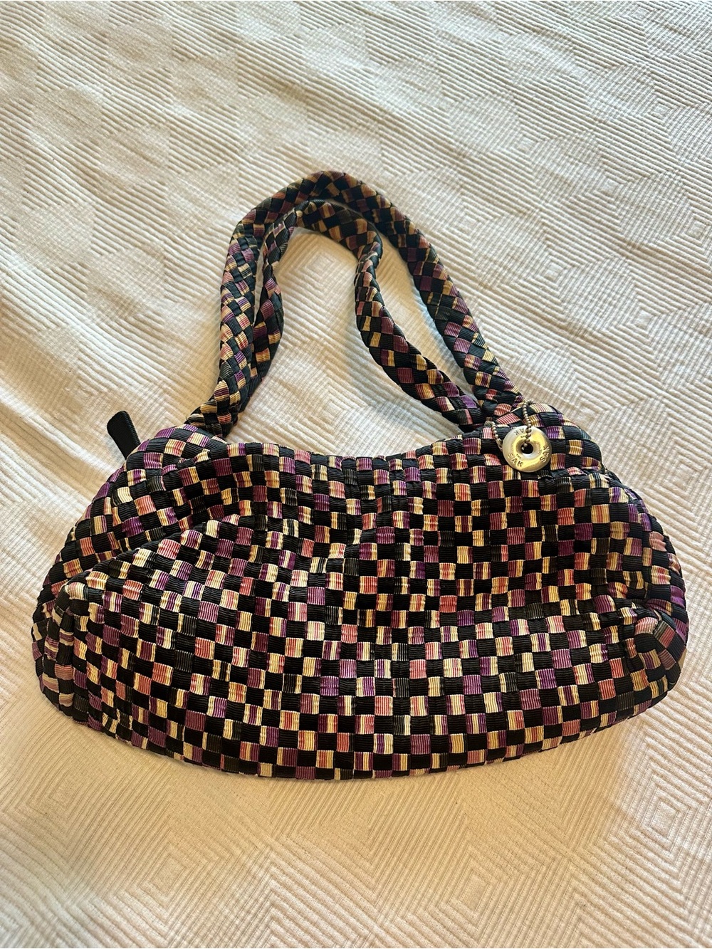 The Sak Woven Checker Shoulder Bag in Black, Purple & Cream